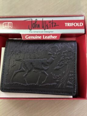 John Weitz Genuine Leather Embossed Black Wallet Moose theme Trifold